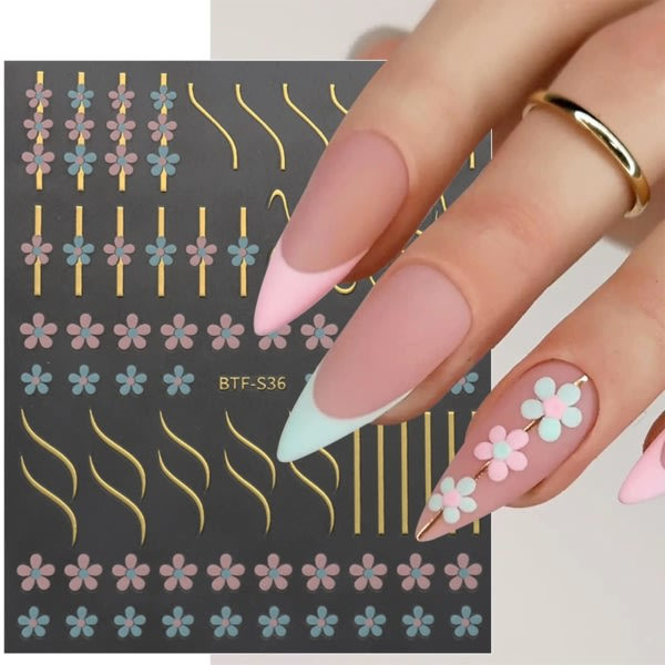 9 ark blommiga nagelkonstdekaler självhäftande vår sommar färgglada blomlinjer nageltillbehör nagelkonstdesign dekorationstillbehör