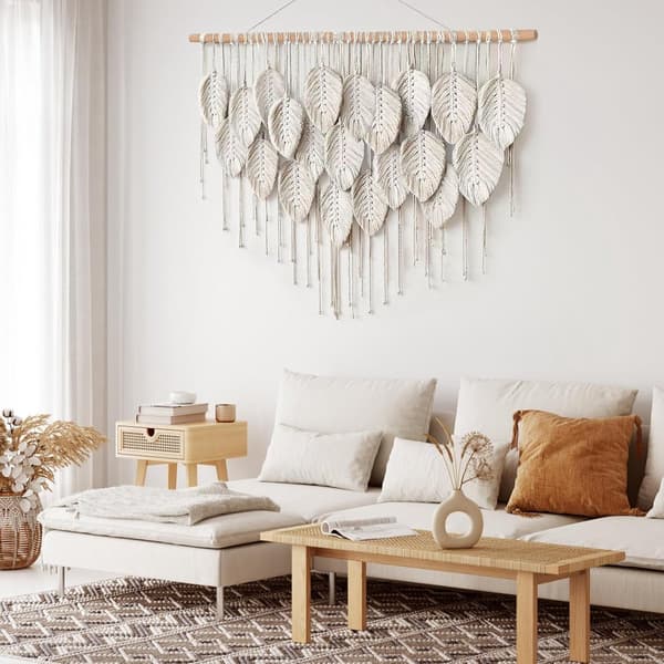 Bohemisk tofsgobeläng, väggdekoration, beige