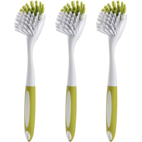 Set of 3 Kitchen Dish Brushes with Long Handle, Stiff Bristle Cleaning Brush for Dishes, Pots, Pans, Sink, Bathroom, Green