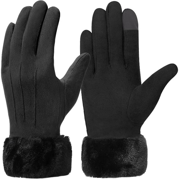 Termiska pekskärmshandskar för kvinnor i svart, fleecefodrade med pälsmanschett, helfingervantar, perfekta för vintersport Black
