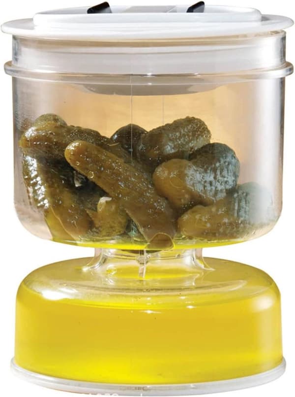 Flip Pickle Jar Behållare med Sil, Lufttät Läcksäker Juice Separator för Pickles, Oliver