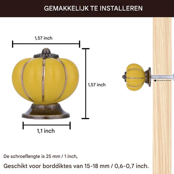 Gresskarformede keramiske skapknapper (6-delt sett), enkelthulls skuffehåndtak, gul.