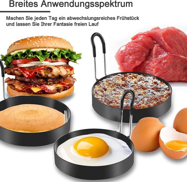 ING Egg Ring 4 deler rustfritt stål ø7,5 cm stekt egg form pannekakeform pannekakemaker matlaging baking rund for omeletter eggpannekaker og svart