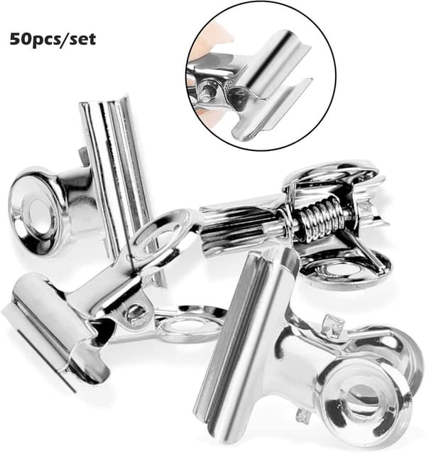 ING 50-pakning - Klyper med oksehode - Rustfritt stål - Papirklemmer - 20 mm - Mini-klyper - Sølv