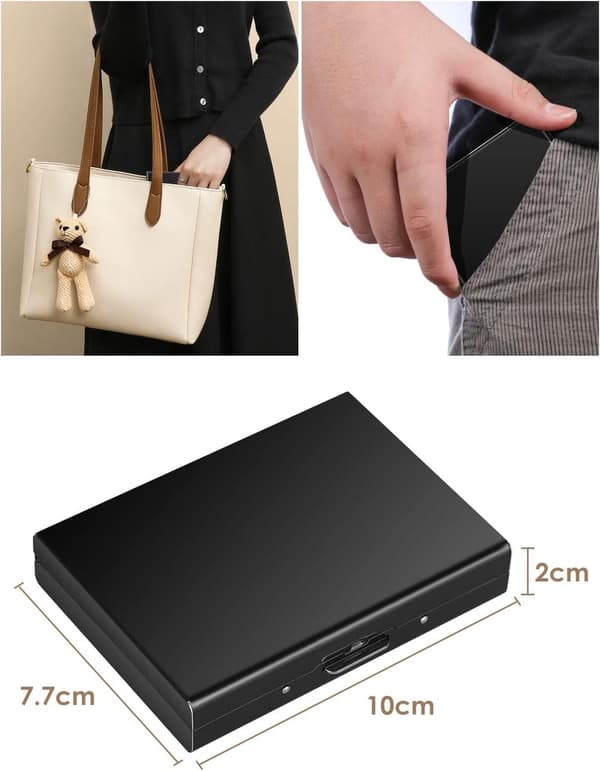 Harmonika-stil RFID kortholder i rustfrit stål, rummer 10 kort, fingeraftryksresistent, sort.