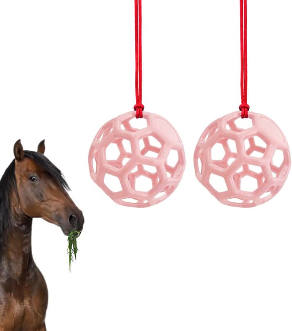 Hängande hö- och foderbollar 2-delat set, stresslindrande leksaker för hästar och getter, rosa.