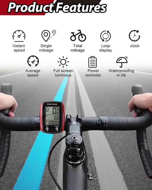Kablet cykelcomputer, 19 funktioner, vandtæt og baggrundsbelyst, velegnet til mountainbikes og racercykler, sort.