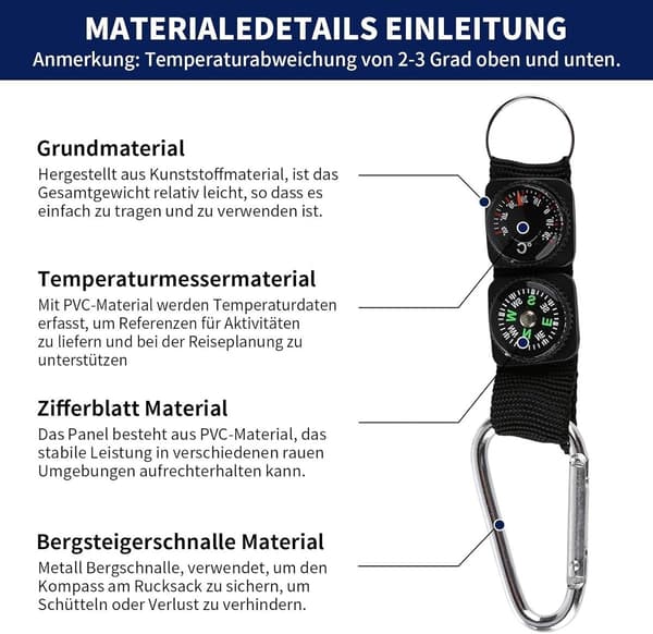 4-delt - 3-i-1 Vandringskompas - Nøglering med Termometer - Sort