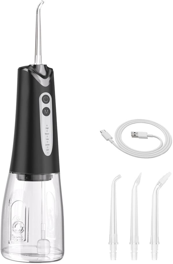 Bærbar trådløs vanntråd, 5 moduser, 300 ml, 4 dyser, IPX7, USB-C, svart.