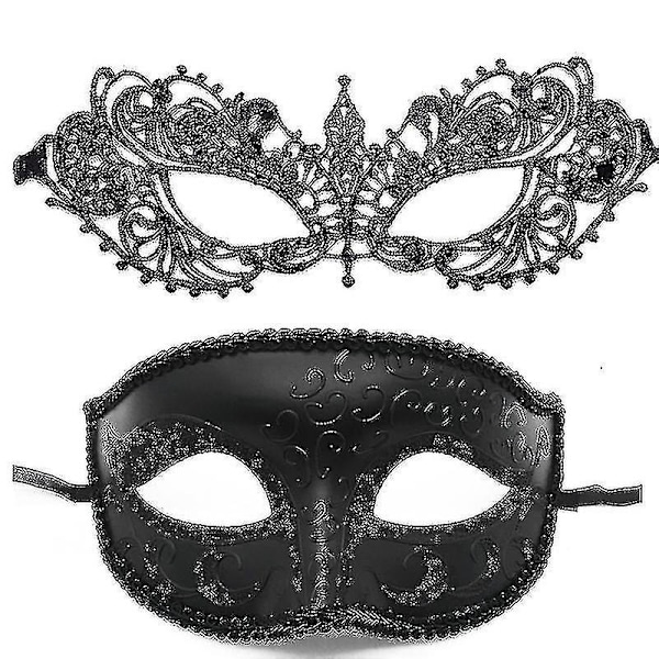 2 st Venetianska Maskeradmasker Kostymer Festtillbehör - Storlek: Svart