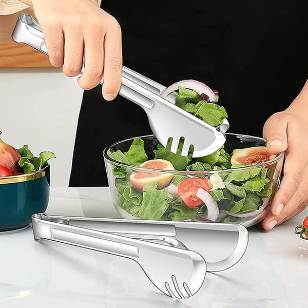 Flerfunksjonell grilltang i rustfritt stål, todelt sett, for matlaging, grilling, salat og servering, sølv.