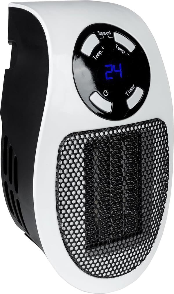 ING Mini plug-in varmelegeme, PTC keramisk varmeelement, 90° drejelig strømstik, timerfunktion, LED-display, justerbar