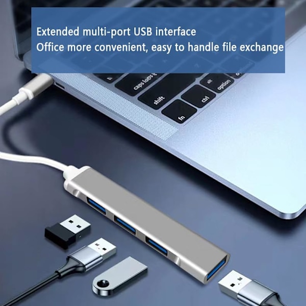 4-ports USB C-hub, ultra-flat USB 3.0 datahub, aluminiumhus for Mac, iMac, PC, USB-minnepinner