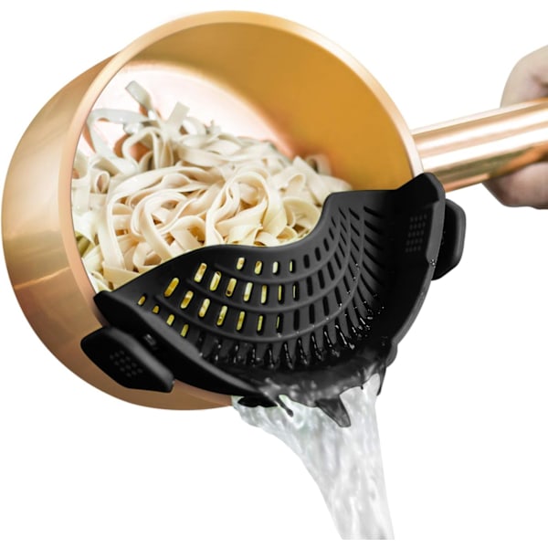 Clip-On Silicone Strainer for Pots and Pans, Easy Pasta and Food Strainer, Universal Silicone Kitchen Colander, Black