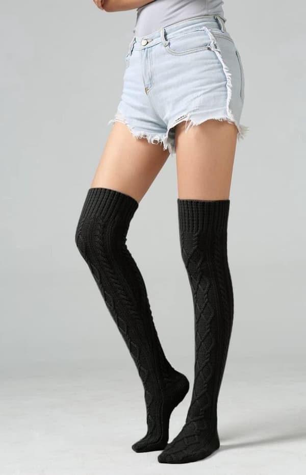 Vinter over-the-knee striksokker til kvinder - Sort - 75 cm