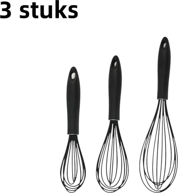 Tre-delt sæt med skridsikkert håndtag æggepisker, medium og stor størrelse, bagepisker, sort.