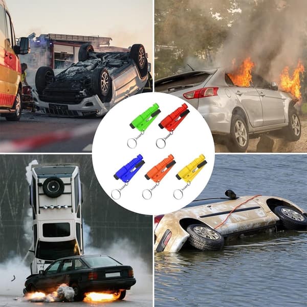 3-i-1 nøkkelring nødverktøysett (5 deler): vindusknusing, setebelte kutting og overlevelsesfløyte.