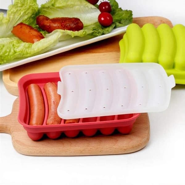 6-i-1 silikone pølseform, multifunktionel DIY bageform med låg, 17,5×13,5×3,2cm, rød.