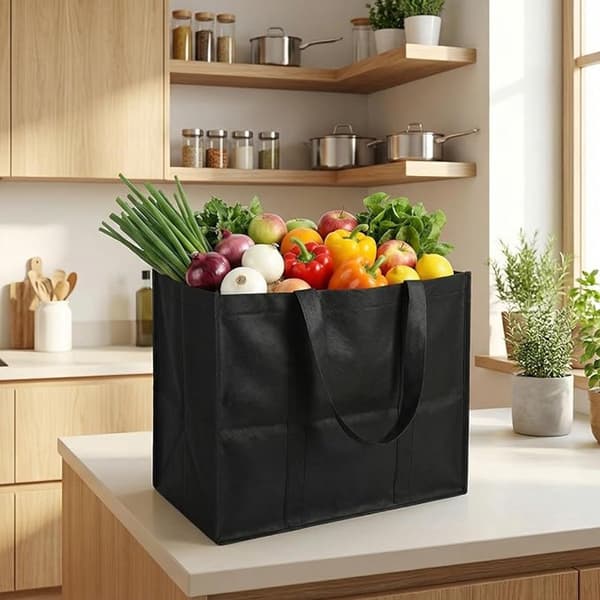 Sæt med 2 Luksus Store Indkøbsposer - XL Indkøbsposer - 41x33x26cm - Maks. 30kg Bæreevne - Sammenklappelige & Selvbærende - Sort
