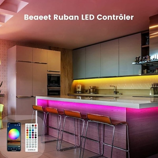 LED-remsa, 15m Flerfärgad LED-ljusremsa, Bluetooth-appkontroll - WELLNGS