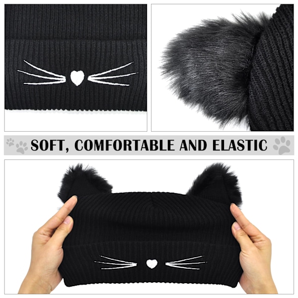 Stickad mössa med kattöron, varm elastisk beanie-mössa, höstmössa, vintermössor för kvinnor, flickor, damer