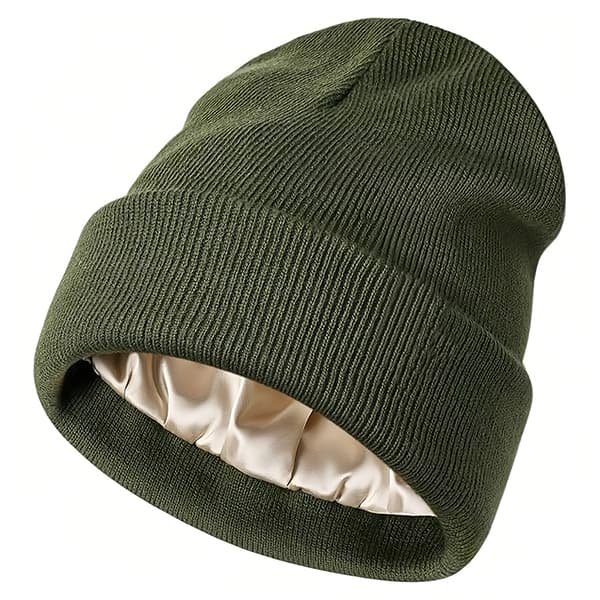 Stickad Vintermössa - Satinfoder - Varm, Bekväm och Lös Passform - Unisex (Armégrön)