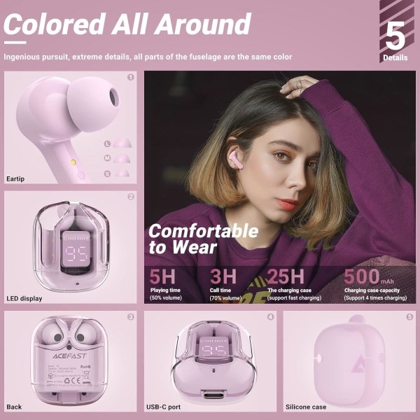 Trådløse hovedtelefoner, Bluetooth-øretelefoner ENC støjreduktion transparente øretelefoner, Violet