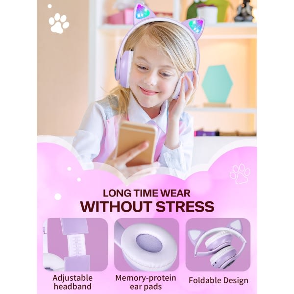 Flash Light Cute Cat Ears Langattomat Kuulokkeet Mikrofonilla, LED-Valoilla (Violetti)