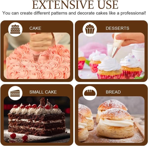 ING 8-delt profesjonelt sprøytetippsett, laget av rustfritt stål, for dekorering av kaker og muffins.