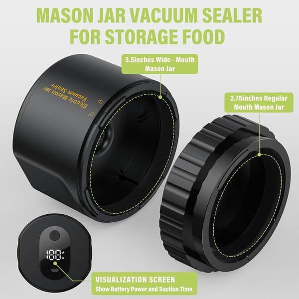 Elektrisk vakuumforsegler til syltetøjsglas, leveres med 10 låg, 2000mAh kapacitet, ABS-materiale, sort.