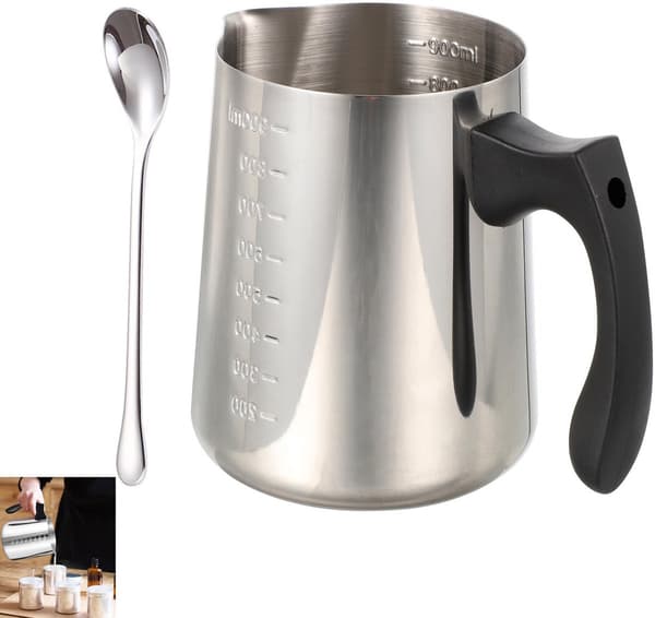 Mælkeskummer i rustfrit stål med ske, 600 ml, til smeltning af chokolade, håndlavet sæbe og kaffe latte art, sølv.