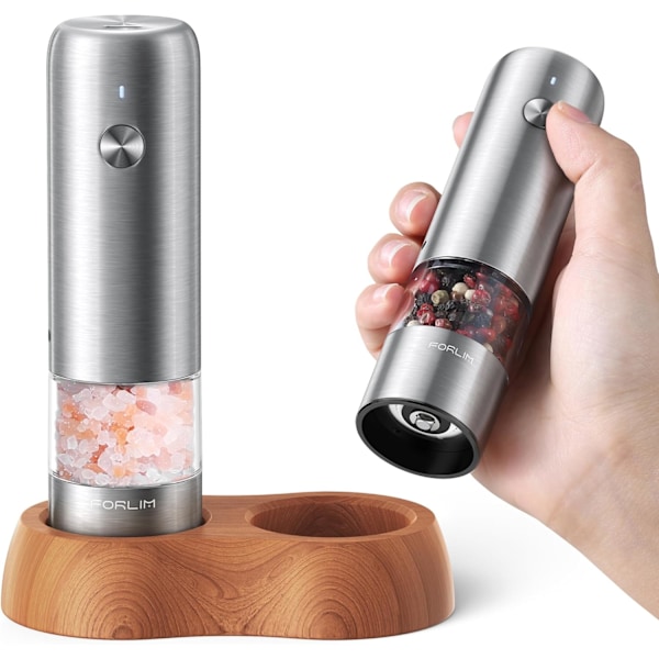 Mini Electric Salt and Pepper Grinder Set, USB Rechargeable Automatic Grinder with Wood Base, 2 Packs, Stainless Steel