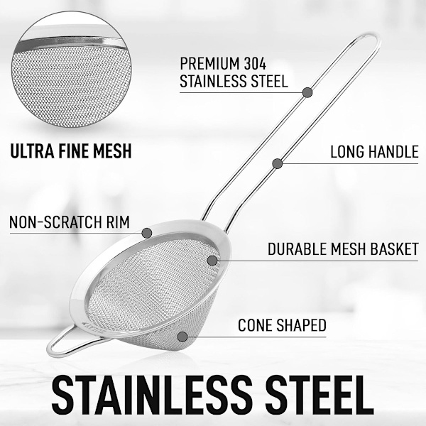 2-pakke - Cocktail Strainers - Rustfri stål Strainers - Strainers med håndtag - Koniske Strainers - Is Strainers (Sølv)