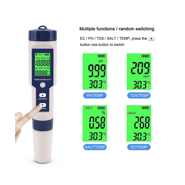 5-i-1 Digital Vandkvalitetsmåler TDS/EC/pH/Salinitet/Temperaturmåler til Pool Akvarier Drikkevand ([HK])