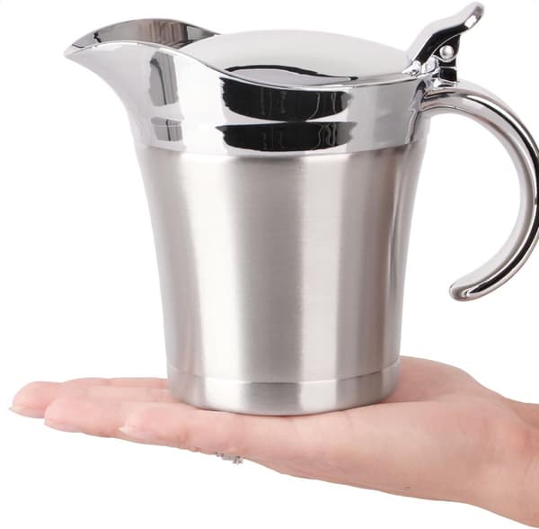 Sovsedispenser, sovseskål, sovsekande, rustfrit stål, sølv