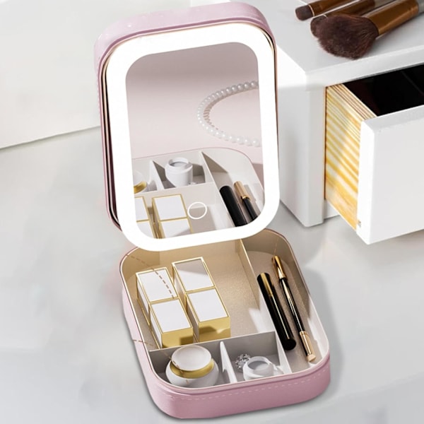 Lysende spejl makeupboks, kosmetisk opbevaringsboks med LED-spejl | Bærbar makeupboks - 3 farver med lysende makeupboks, rejsemakeupboks pink