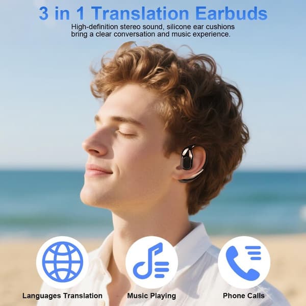 Bluetooth-översättningsheadset, Bluetooth 5.4 öppen baksida, stöder 144 språk, 25 timmars uppspelning, lämplig för resor och affärer.