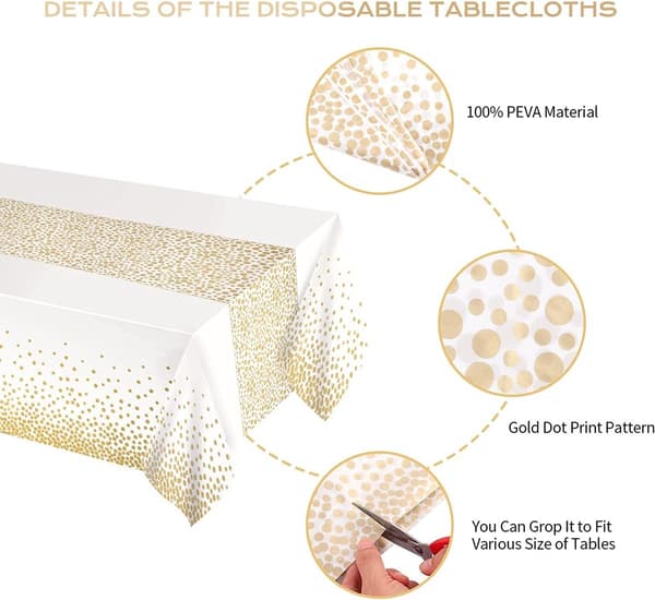 Tredelad vit och guld festduk engångs för rektangulära bord guld prickar konfetti för födelsedagsfester babyshower 137cm 274cm
