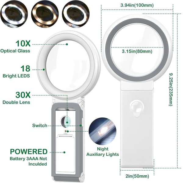 Forstørrelsesglass - 30x 10x Sammenleggbar Leseforstørrer med LED-lys for Eldre