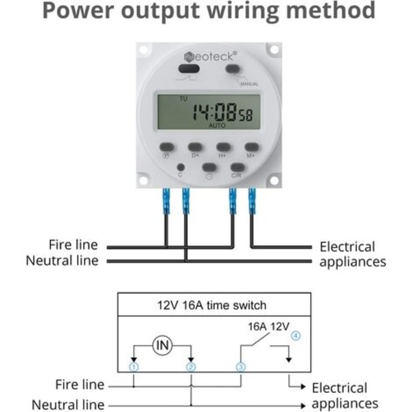 12V 16A Programmerbar Timer, Digital Sokkel med 16 Programmer, LCD-Skjerm, Tyverisikring