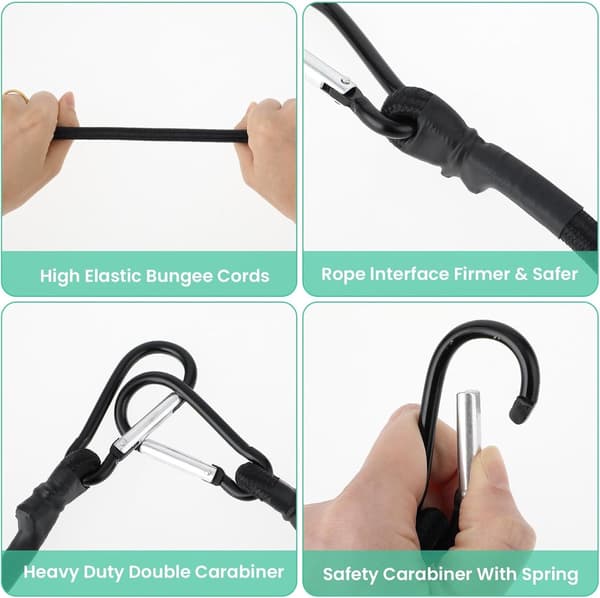 4-delars set - Bagageremmar - 30 cm elastisk lina med karbinhake - Bindremmar - Karbinhake elastisk lina - Infällbar lina -