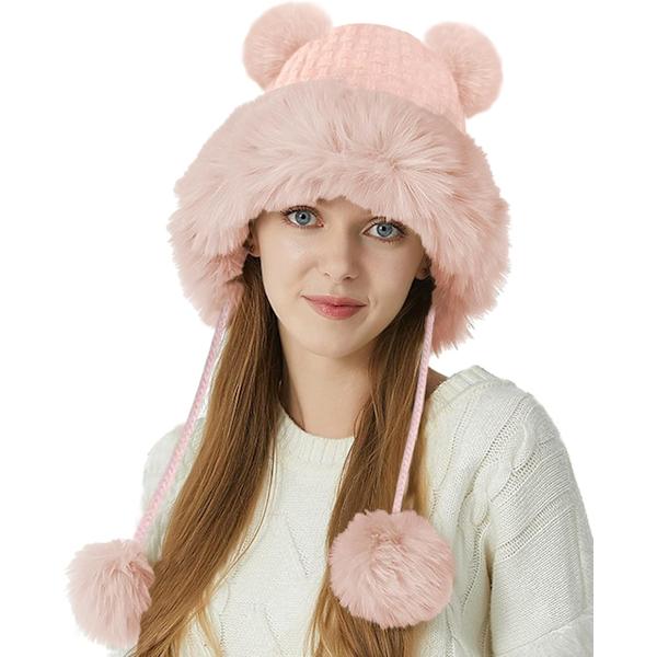 Naisten talvimyssy kaksoispomsupomponilla, söpö venäläinen myssy, keinotekoinen turkis, trendikäs ulkoilulle, hiihtämiseen, vaaleanpunainen Rosa a