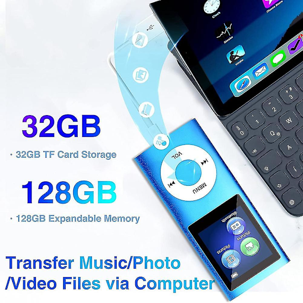 MP3-soitin Bluetooth 5.0:lla, musiikkisoitin 32 Gt TF-kortilla, FM, kuulokkeet, kannettava Hifi-musiikkisoitin (sininen)