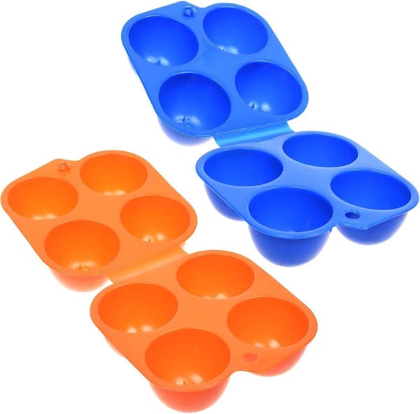 Utendørs eggoppbevaringsbokssett (blå og oransje), rommer 4 egg, egnet for camping og piknik.