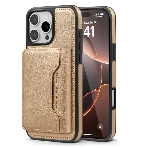 ING iPhone 16 Pro Max telefondeksel, multifunksjonelt kortholder-telefondeksel, ørkengull