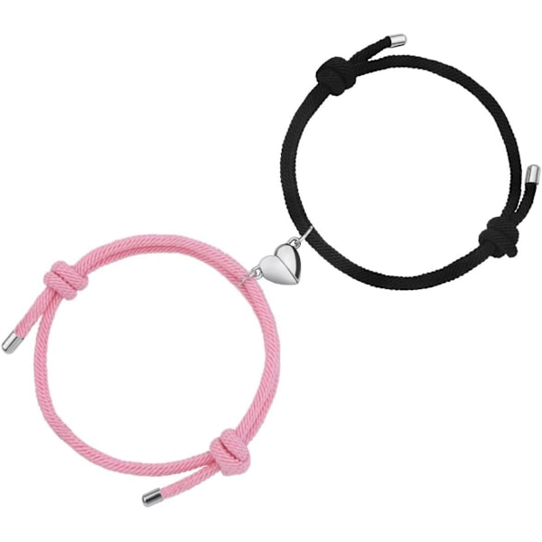 Couple Magnetic Bracelets - Adjustable Handmade Cord Love Heart Bell Bracelet, Matching Gift for Boyfriend, Girlfriend, Lovers, Pink & Black