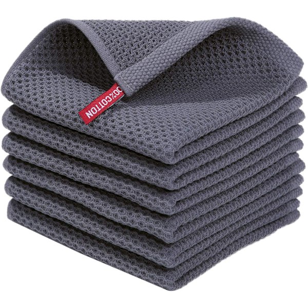 100% Bomuld Vaffelvævede Køkkenhåndklæder, Ultra Bløde Absorberende Hurtigtørrende Viskestykker, 30x30 cm, 6-pak, Mørkegrå