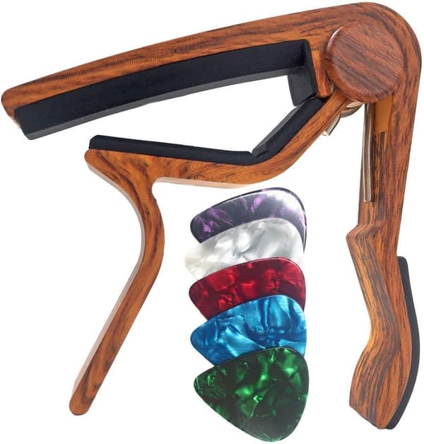 Gitarr Capo, gitarr capo i legering för 6-strängad folkgitarr, el- och akustisk gitarr, ukulele, mandolin och banjo med 5 plektrum, träfärg