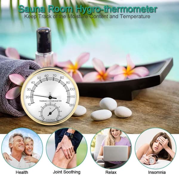 ING Sauna hygrometer, 2-i-1 udendørs hydrometer, rustfrit stål, termometer, hygrometer op til 120 °C, præcist sauna termometer, indendørs, analog