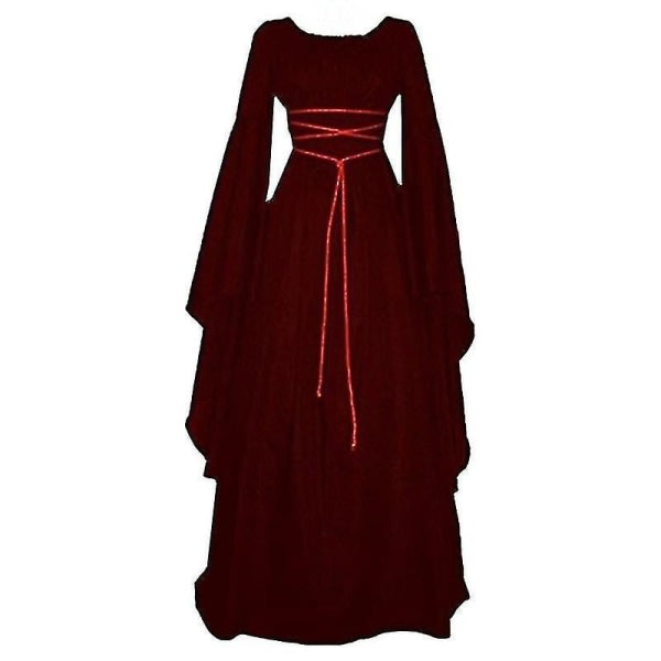 Kvindes Renaissance Middelalder Maxi Kjole Gothic Cosplay Kostume Vinrød M